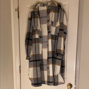 Plaid Longline Shacket in Gray and Tan